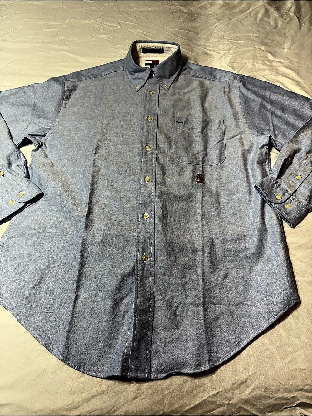 Vintage Tommy Hilfiger Shirt M Denim Light Wash Embroidered Crest Logo Y2K